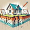illustration artistique et graphique représentant une maison avec des fondations apparentes et fissurées. Le style est très original, utilisant des lignes abstraites et des couleurs vives pour mettre en évidence les mouvements de terrain et les fissures. Le sol est stylisé pour montrer des failles et des affaissements, et un expert en bâtiment est représenté sous une forme artistique et minimaliste analysant la situation avec des outils modernes.
