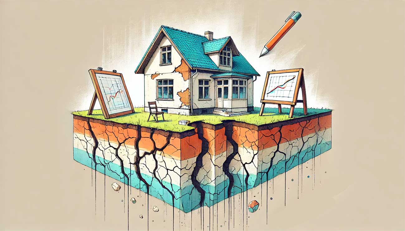 illustration artistique et graphique représentant une maison avec des fondations apparentes et fissurées. Le style est très original, utilisant des lignes abstraites et des couleurs vives pour mettre en évidence les mouvements de terrain et les fissures. Le sol est stylisé pour montrer des failles et des affaissements, et un expert en bâtiment est représenté sous une forme artistique et minimaliste analysant la situation avec des outils modernes.