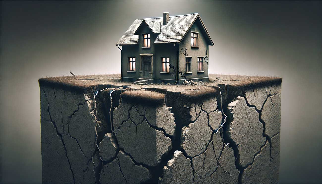 représentation 3D maison avec des fondations visibles, montrant une fissure inquiétante à la base. Le sol autour de la maison semble instable, suggérant des mouvements récents.