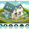 image représentant une fosse septique et une micro-station d'épuration côte à côte dans un jardin. L'image illustre les différentes options d'assainissement individuel disponibles pour une maison. Chaque système est entouré d'icônes ou de petits symboles illustrant leur fonctionnement principal : épuration bactérienne pour la micro-station et séparation des solides des liquides pour la fosse toutes eaux