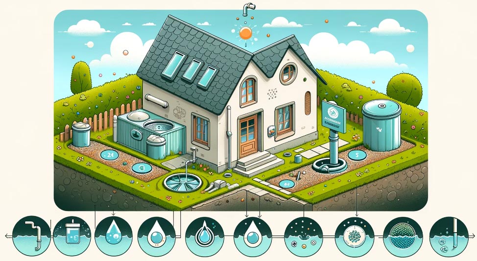 image représentant une fosse septique et une micro-station d'épuration côte à côte dans un jardin. L'image illustre les différentes options d'assainissement individuel disponibles pour une maison. Chaque système est entouré d'icônes ou de petits symboles illustrant leur fonctionnement principal : épuration bactérienne pour la micro-station et séparation des solides des liquides pour la fosse toutes eaux