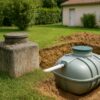 Photographie en plein jour d’un jardin résidentiel où sont installées côte à côte une ancienne fosse septique en béton et une nouvelle fosse toutes eaux en plastique, illustrant la transition entre anciens et nouveaux systèmes d’assainissement non collectif