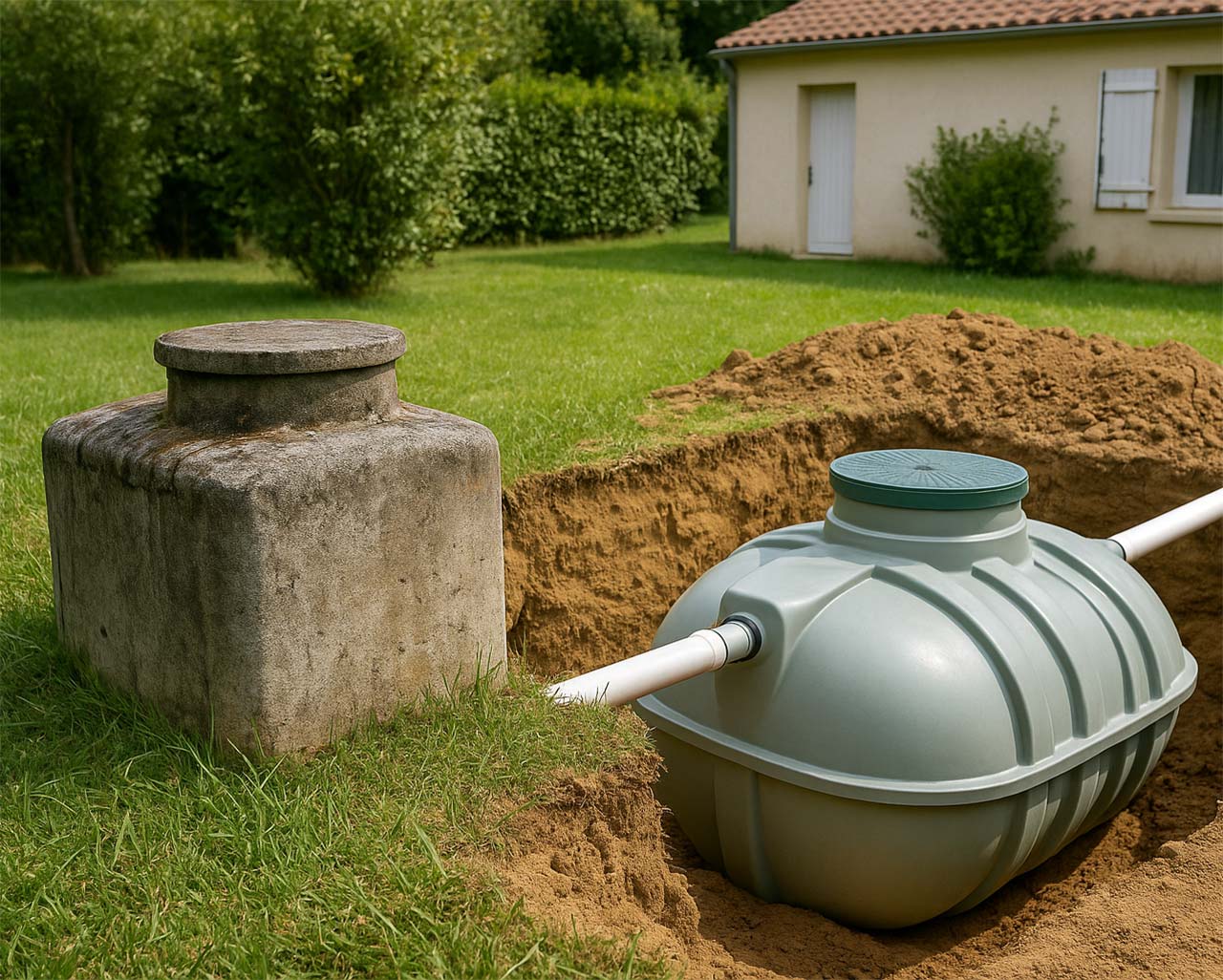 Photographie en plein jour d’un jardin résidentiel où sont installées côte à côte une ancienne fosse septique en béton et une nouvelle fosse toutes eaux en plastique, illustrant la transition entre anciens et nouveaux systèmes d’assainissement non collectif