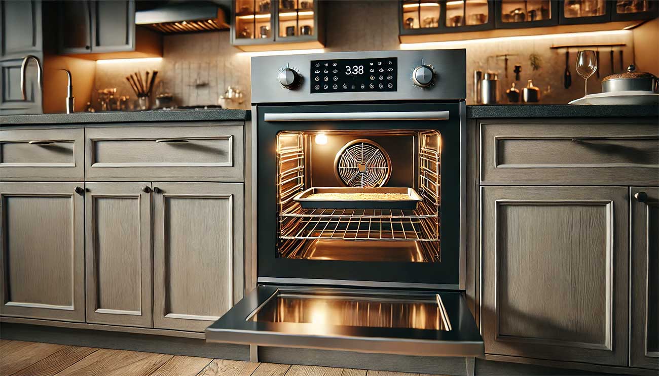 Image d'une cuisine moderne avec un four et un ventilateur de circulation de la chaleur visible. Le four est utilisé avec une plaque de cuisson à l'intérieur, montrant le processus de cuisson avec une chaleur uniformément répartie. La cuisine est élégante et contemporaine, avec des armoires en bois, des appareils en acier inoxydable et un éclairage d'ambiance doux. 