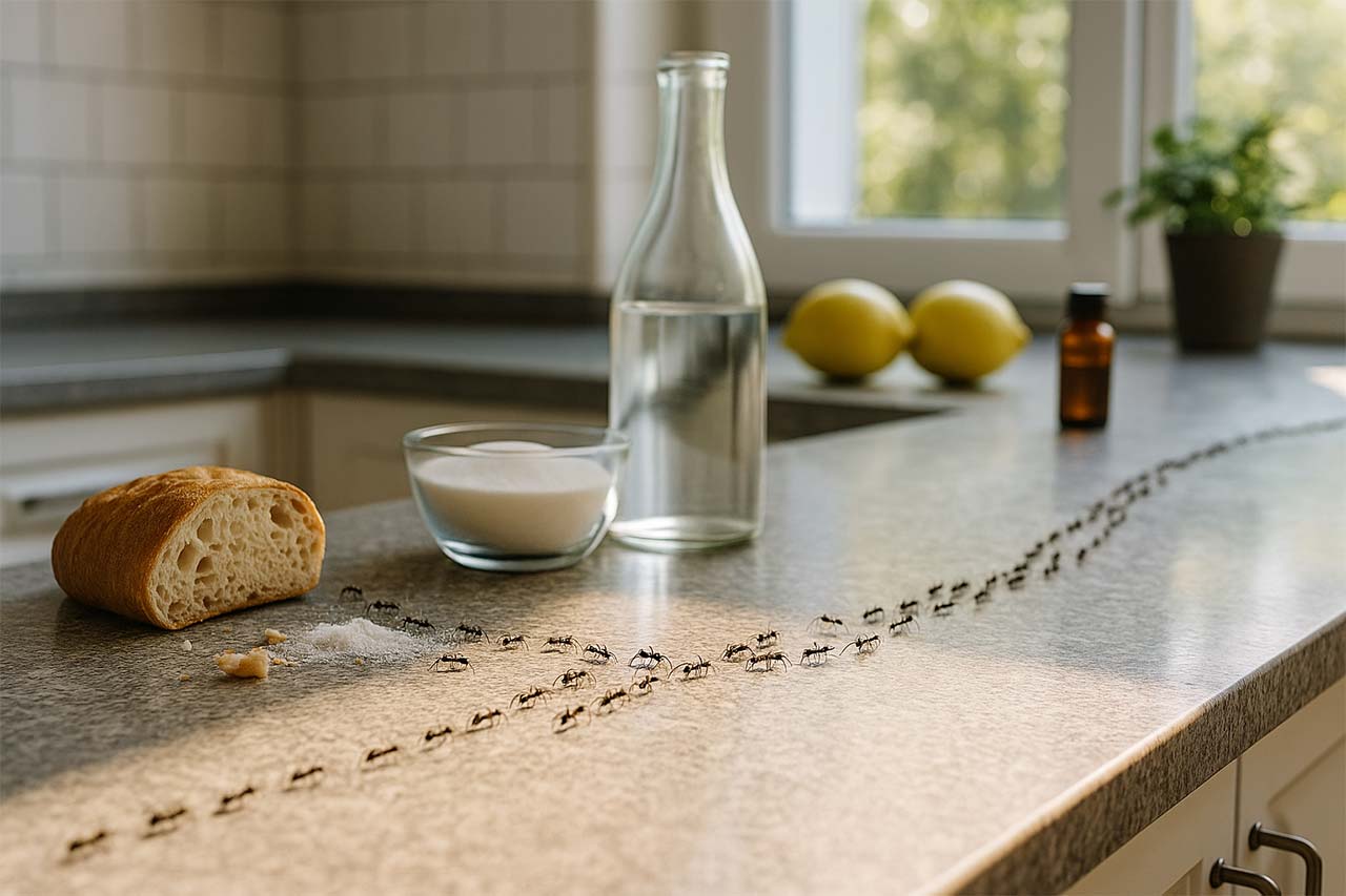 Photographie en haute résolution d'une cuisine ensoleillée où une colonne de fourmis se dirige vers des miettes de pain et du sucre sur un plan de travail en pierre grise. En arrière-plan, une bouteille de vinaigre, des citrons, un bol de sucre et un flacon d’huile essentielle suggèrent les remèdes naturels contre l’invasion.