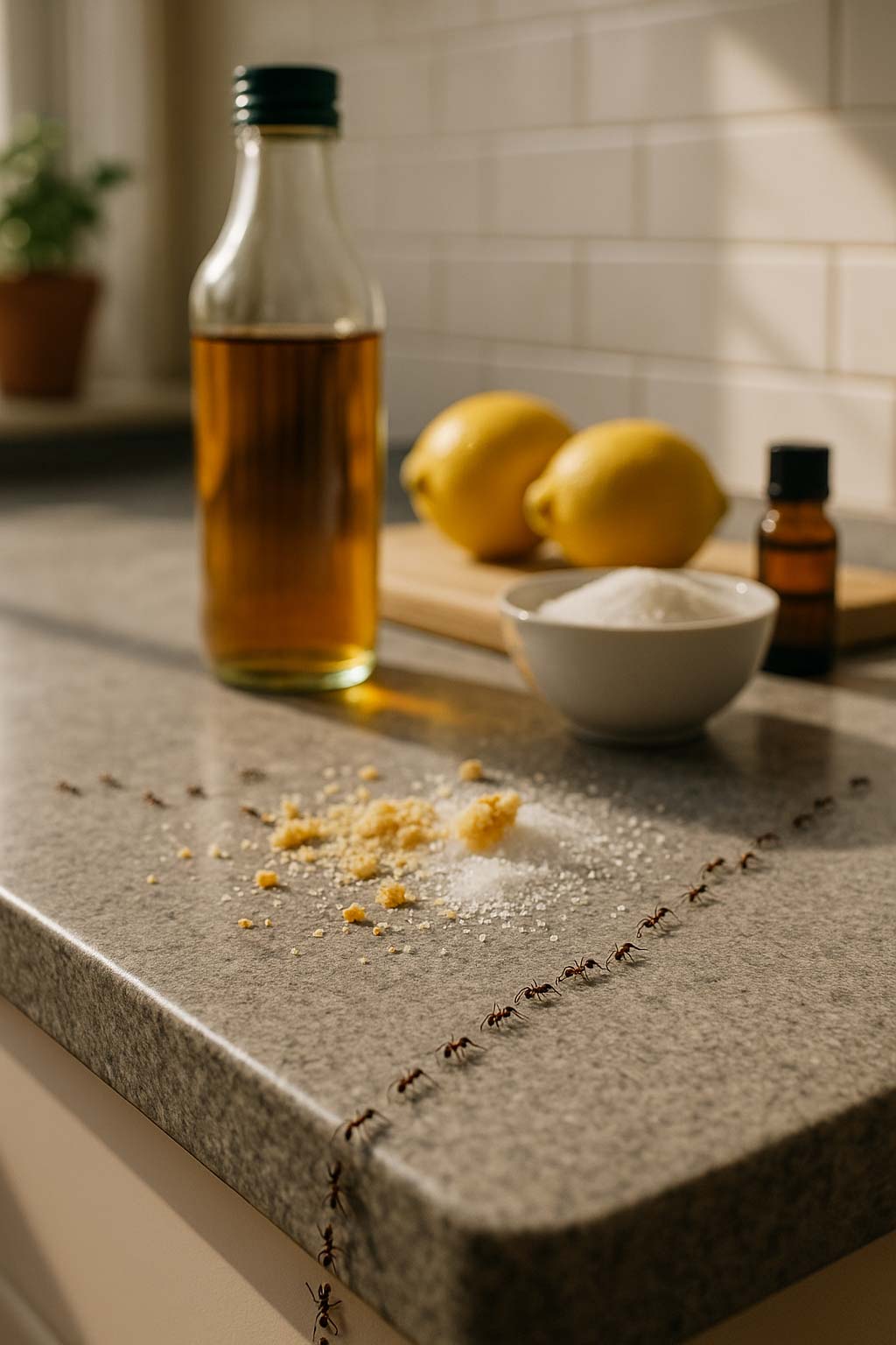 Photographie en gros plan d’un plan de travail de cuisine sous la lumière du jour, montrant une colonne de fourmis se dirigeant vers du sucre et des miettes, avec en arrière-plan un flacon d’ambre, deux citrons, un bol de sucre blanc et une bouteille sur une planche, suggérant les premières méthodes naturelles contre l’invasion.