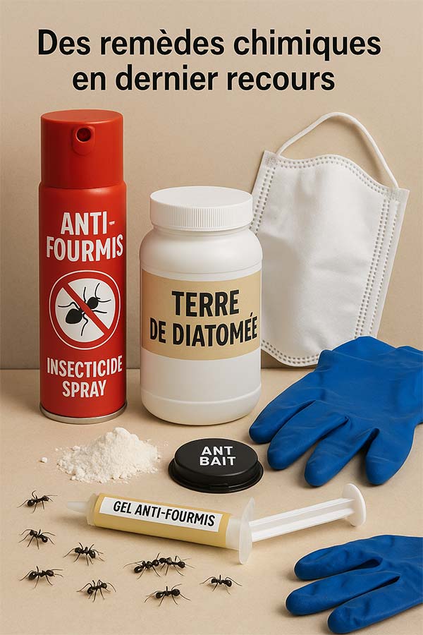 Produits anti-fourmis posés sur une surface beige : un aérosol insecticide rouge, un pot de terre de diatomée, un gel en seringue, un appât noir, des gants bleus, un masque de protection et des fourmis en mouvement autour des produits