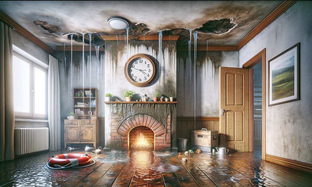 Image au format paysage dans un style réaliste montrant les signes d'infiltration d'eau dans une maison, comme l'humidité sur les murs et le plafond, et de l'eau à l'intérieur d'une cheminée