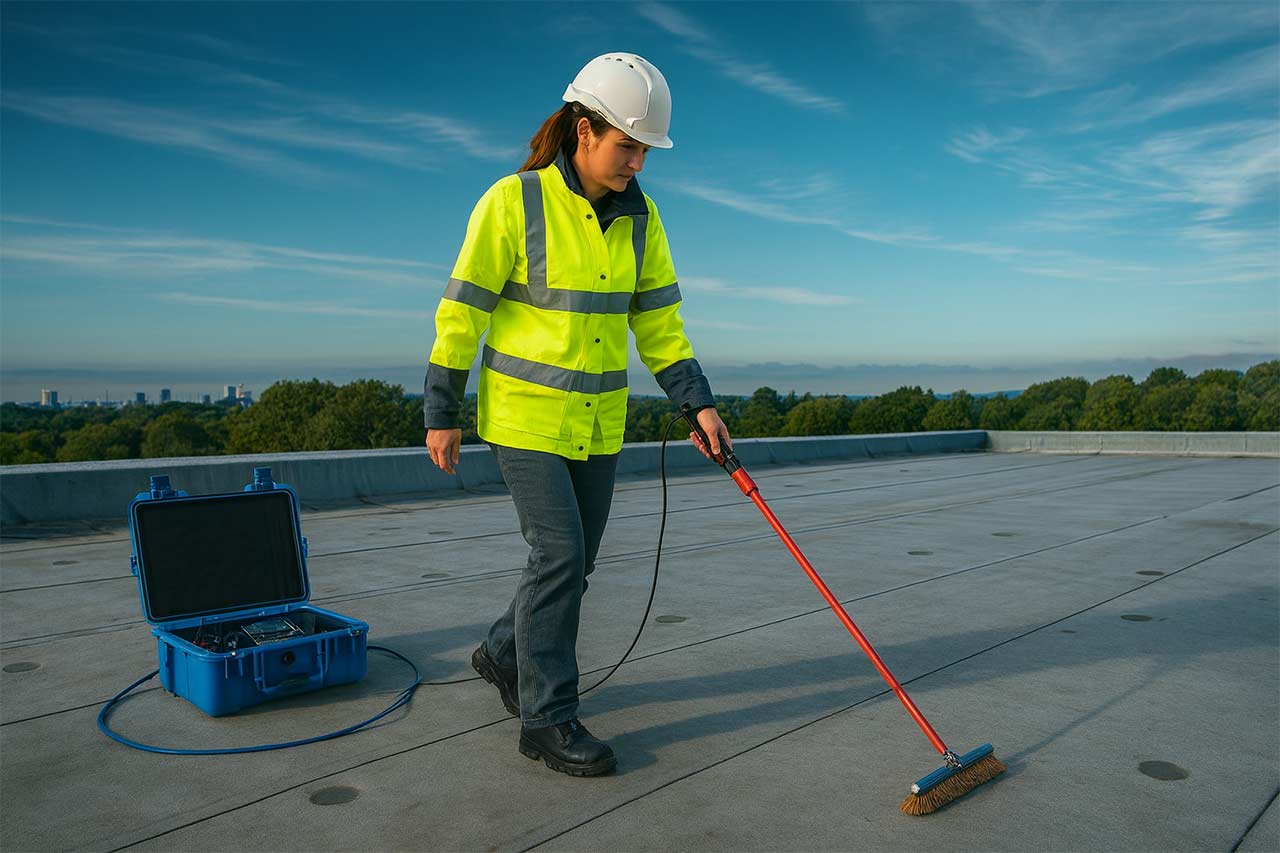 Technicienne en veste fluorescente et casque blanc inspectant l’étanchéité d’un toit plat avec un détecteur de fuites relié à une mallette bleue