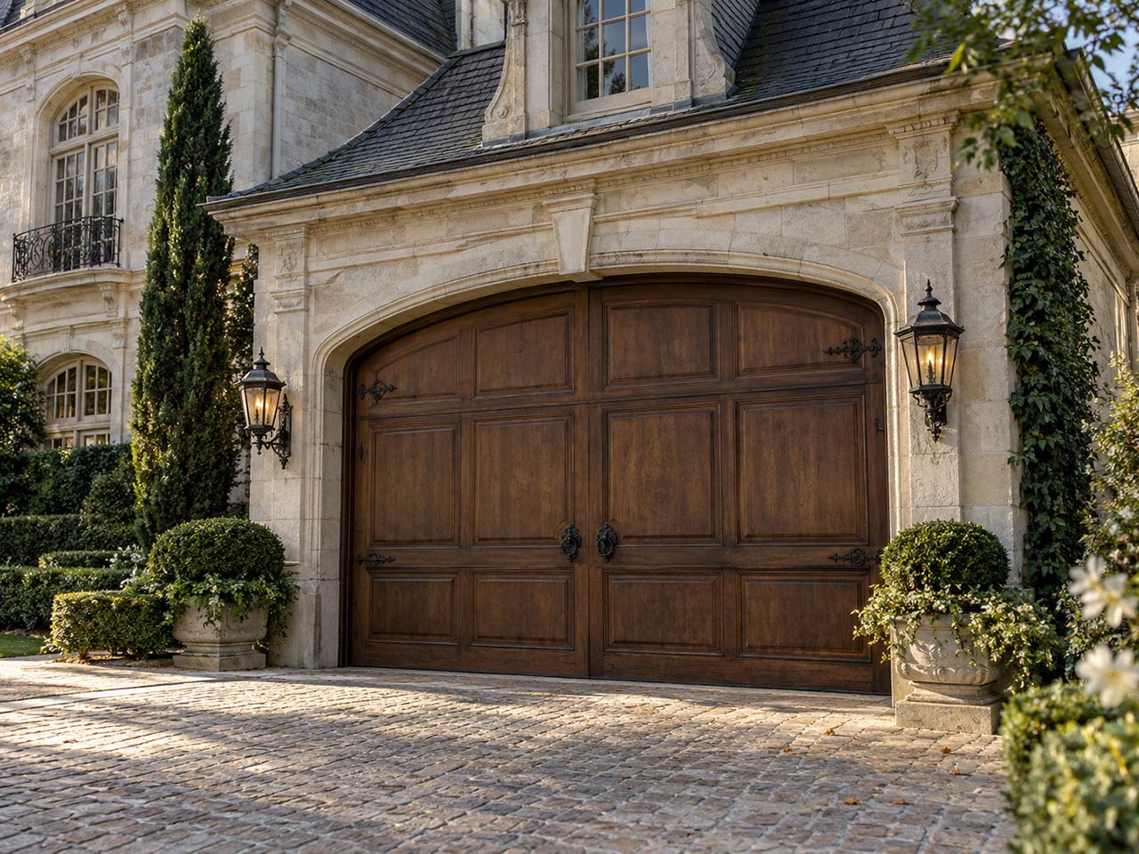 Porte de garage en bois massif intégrée à la façade en pierre d’une ancienne maison luxueuse