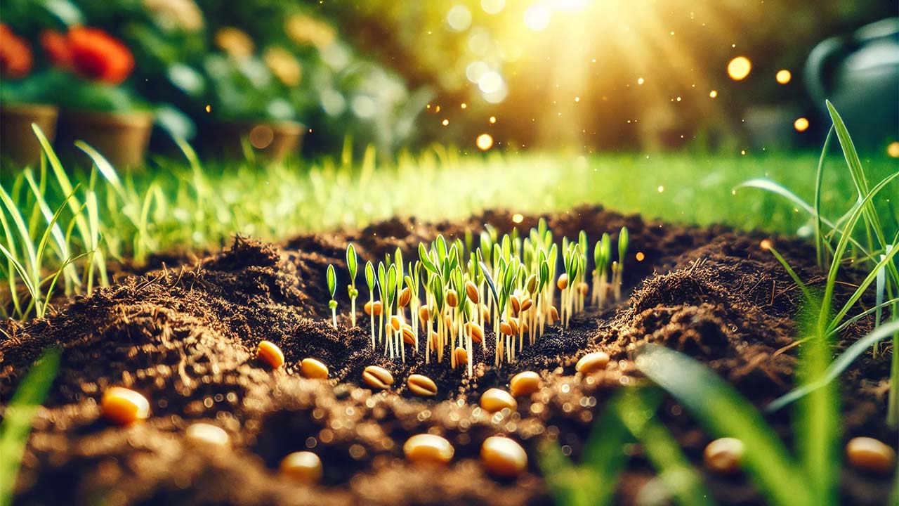jardin divisé en deux parties : l'une montre un semis de gazon avec des graines visibles et un sol bien préparé, tandis que l'autre illustre une pelouse en pleine croissance avec un arrosage doux en cours. Le soleil éclaire doucement l’espace, créant une ambiance calme et propice au développement du gazon.