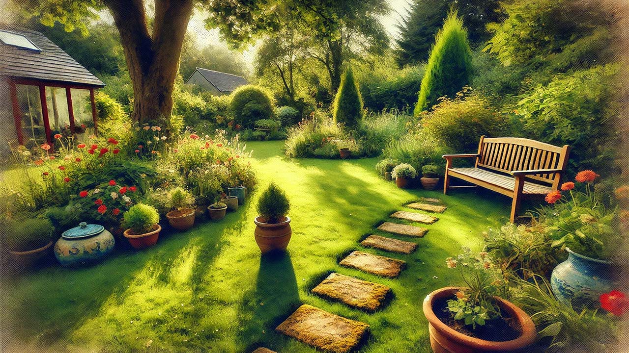 jardin pittoresque avec une pelouse d'un vert éclatant et des pierres éparses. La scène comprend un banc rustique en bois et des pots de fleurs décoratifs placés le long des bords. Les arbres et les arbustes à l'arrière-plan forment une enceinte naturelle.