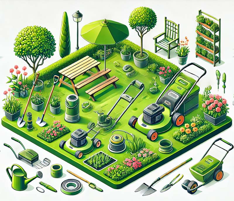 Illustration isométrique représentant un jardin bien entretenu avec une pelouse verdoyante, des outils de jardinage comme une tondeuse, un arroseur automatique et un rouleau aérateur visibles.