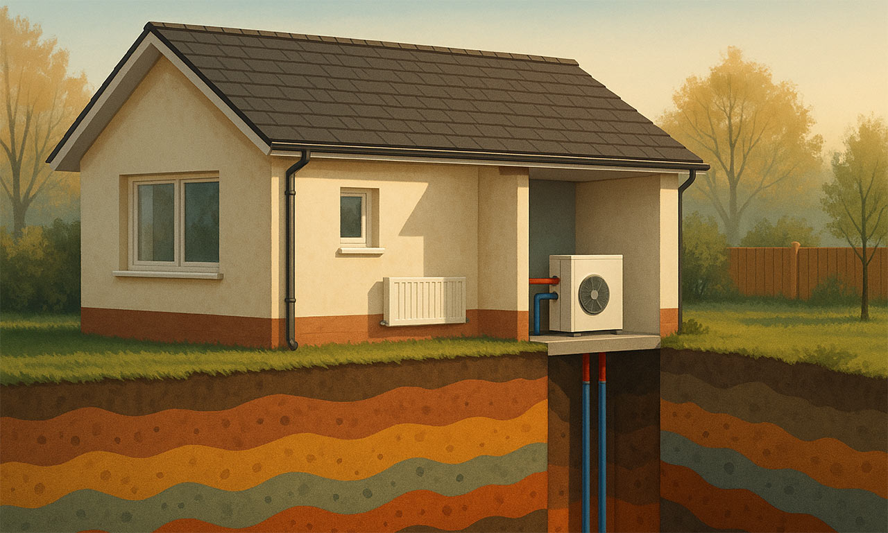 Maison en coupe avec sondes géothermiques verticales plongeant dans des couches de sol, pompe à chaleur reliée dans un local technique, jardin d’automne en arrière-plan