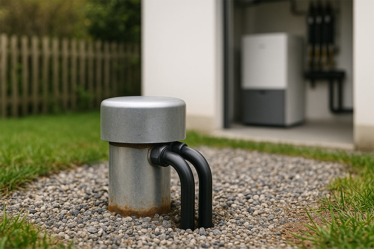 Gros plan d’une tête de forage géothermique scellée, boucles PEHD en U partant vers un local technique net, arrière-plan de terrain et clôture floutés