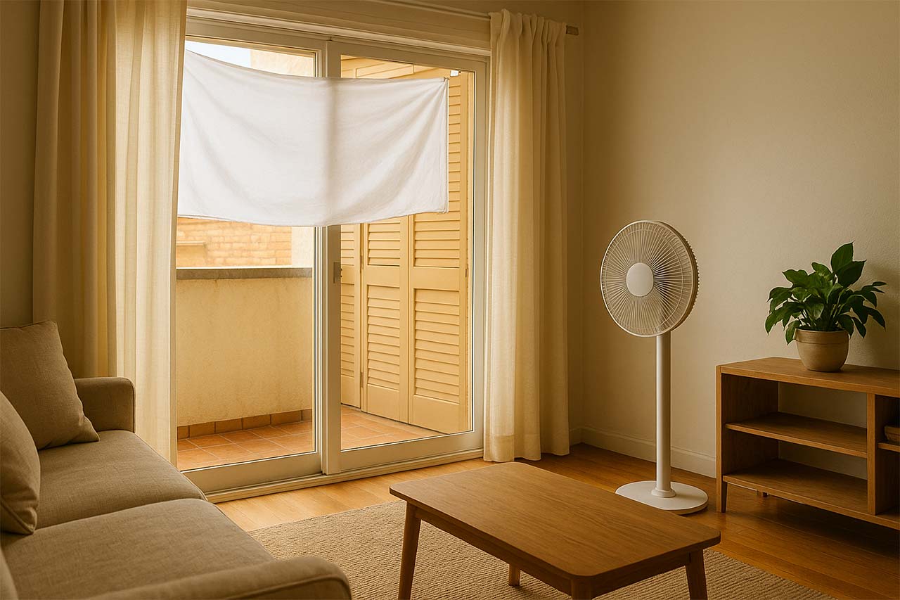 Photo d’un salon en été avec volets fermés, rideaux tirés, un drap blanc tendu à l’extérieur d’une baie vitrée et un ventilateur en marche, créant une atmosphère fraîche malgré la chaleur. Deuxième tie