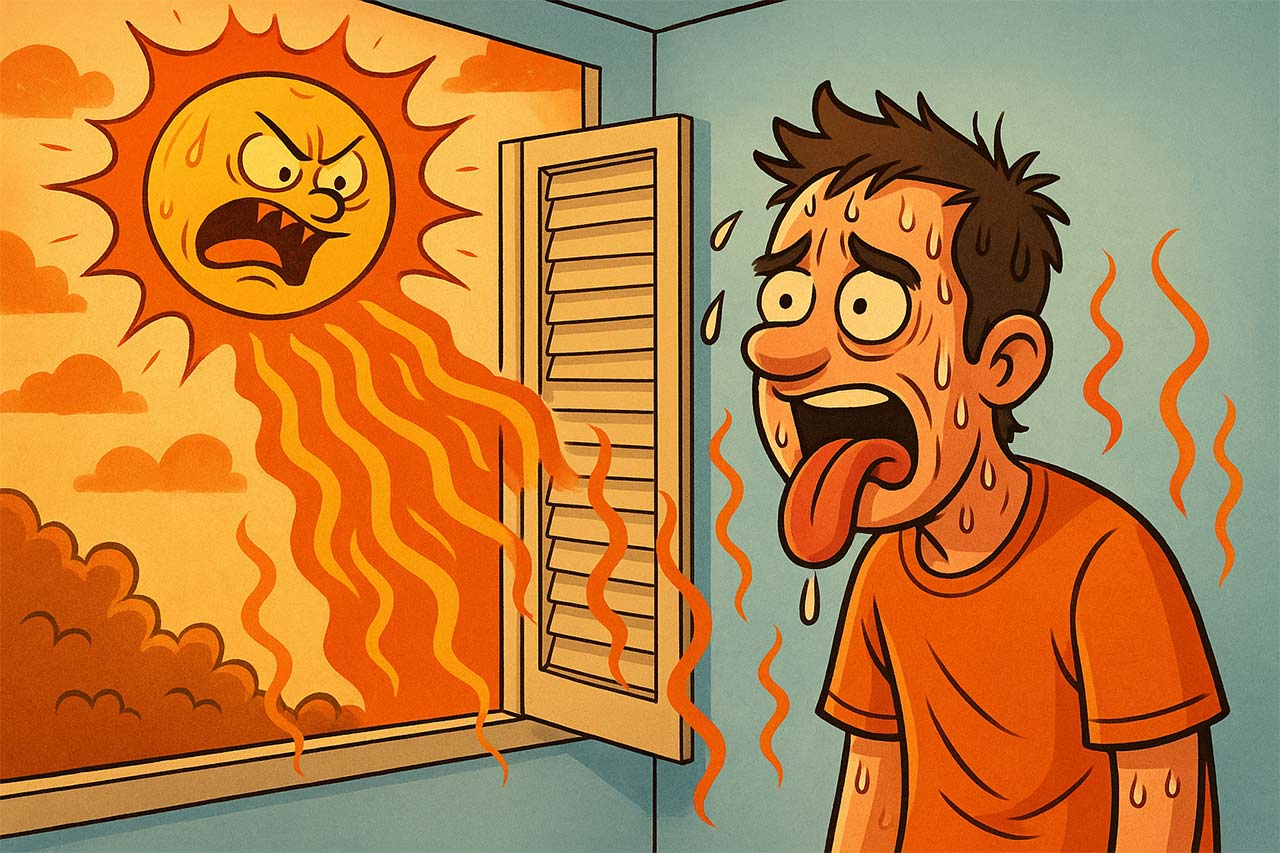 Dessin humoristique en format paysage montrant un soleil furieux envoyant de longues flammes orange à travers une fenêtre ouverte, tandis qu’un homme en sueur tire la langue, écrasé par la chaleur.