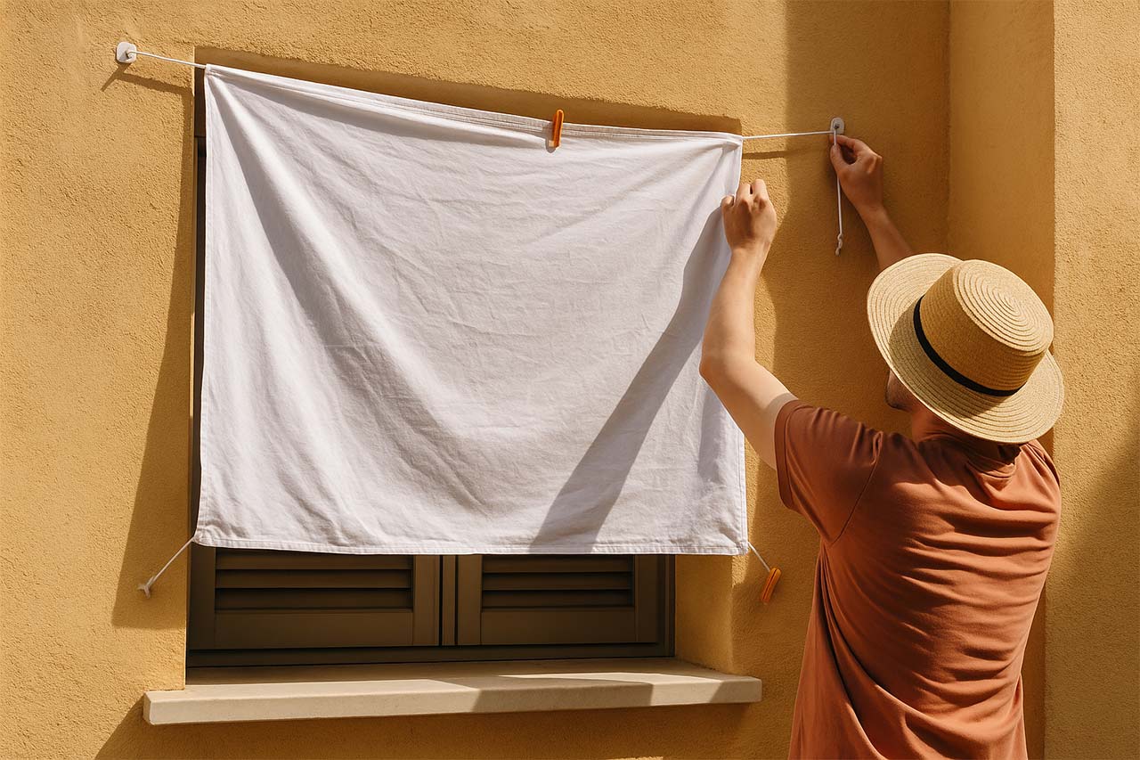 Photo d’une personne en chapeau de paille fixant un drap blanc tendu sur cordelettes devant une fenêtre à volets fermés, sur la façade ensoleillée d’une maison couleur ocre.