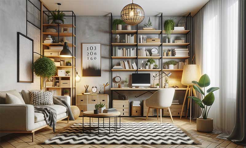 Image d'un grenier nouvellement aménagé, avec des meubles modernes, un éclairage chaleureux et une décoration soignée. Des livres, des plantes et un espace de travail confortable sont visibles