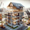 maison résidentielle en train d'ajouter un étage supplémentaire. Une grue soulève le toit d'origine sur le côté, tandis que des ouvriers construisent activement le nouvel étage.L'architecture du nouvel étage est moderne avec de grandes fenêtres, contrastant avec le style traditionnel de la maison située en dessous.