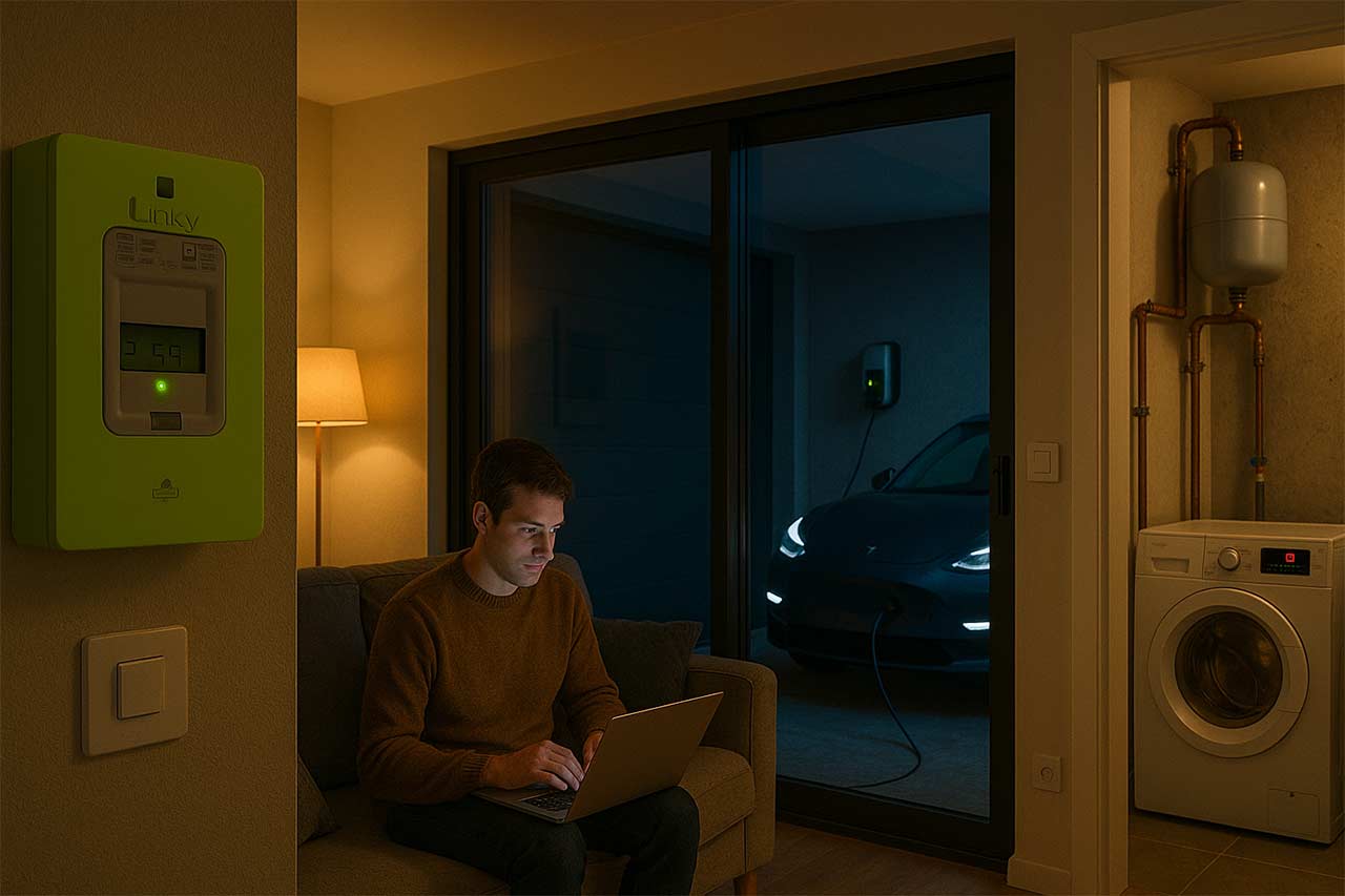 Salon d’un foyer français au crépuscule, compteur Linky visible au mur, borne de recharge domestique et voiture électrique au garage à travers une baie vitrée, lave-linge programmé, ballon d’eau chaude au sous-sol,