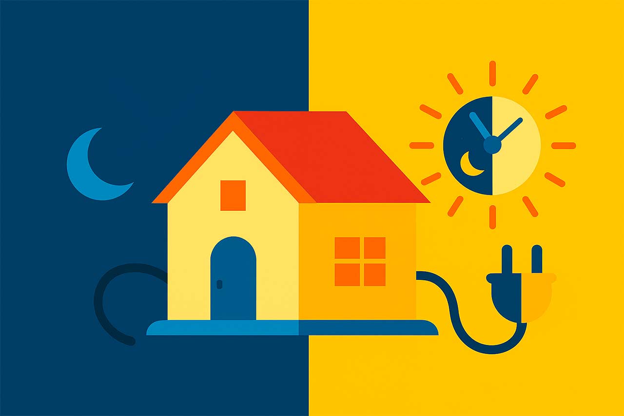 Illustration colorée d’une maison branchée sur une prise géante en forme de lune et de soleil, cadran d’horloge divisant nuit et après-midi, style flat design vibrant