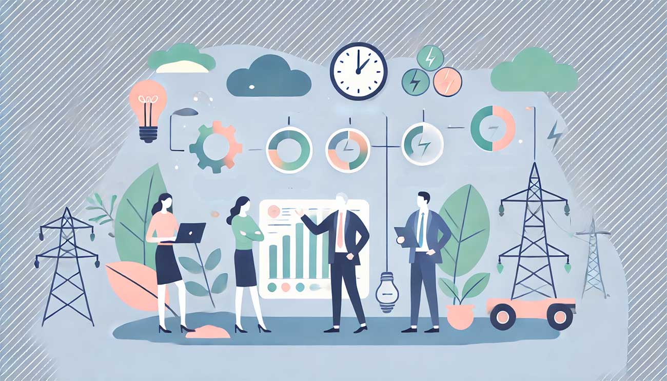 illustration dans le style flat design avec un réseau électrique stable et des personnages discutant avec un fournisseur d'énergie pour ajuster leur consommation aux heures pleines et creuses, avec des pictogrammes d’économie et de durabilité.