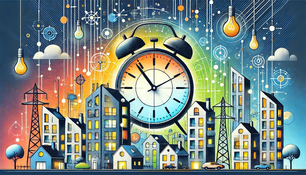 illustration graphique représentant le concept des heures creuses et heures pleines. La scène montre un cadran d'horloge intégré dans un paysage urbain moderne et coloré, symbolisant la gestion du temps pour économiser l'énergie. D'un côté, des maisons avec des lumières tamisées pour représenter les heures creuses, et de l'autre, des immeubles avec des fenêtres illuminées pour les heures pleines. 