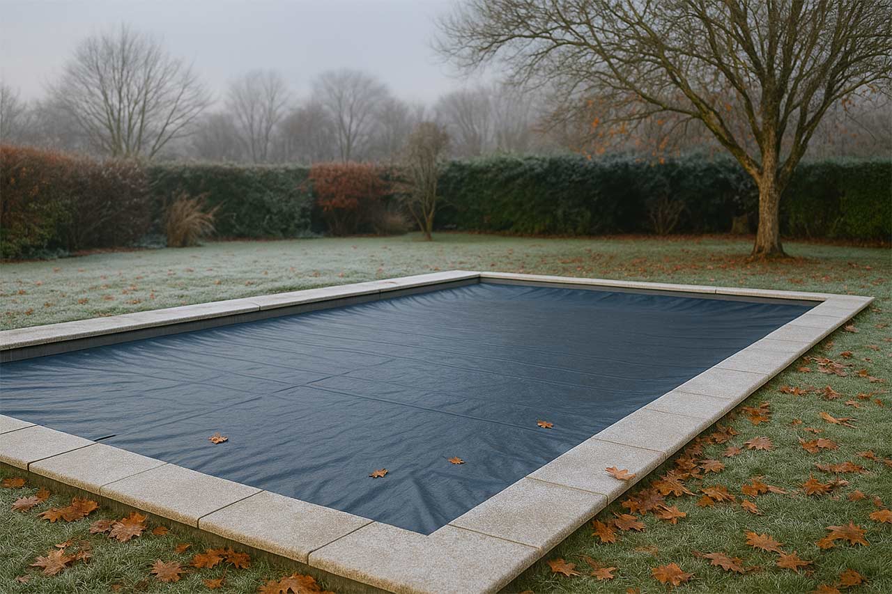 jardin hivernal avec piscine enterrée couverte d’une bâche opaque tendue, givre léger sur les margelles, quelques feuilles rousses, ciel pâle