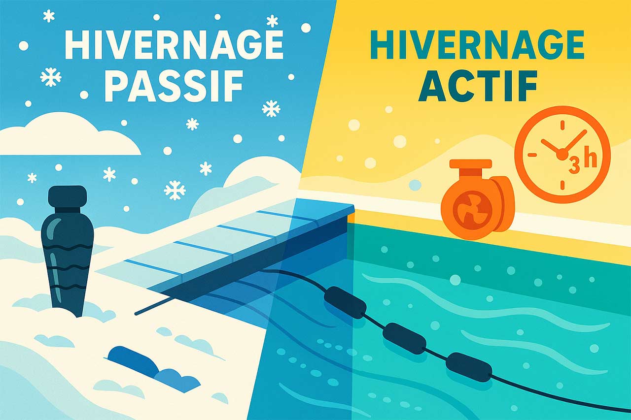 Visuel pop comparant passif (neige, accessoires) et actif (eau en mouvement, horloge 2–3 h)