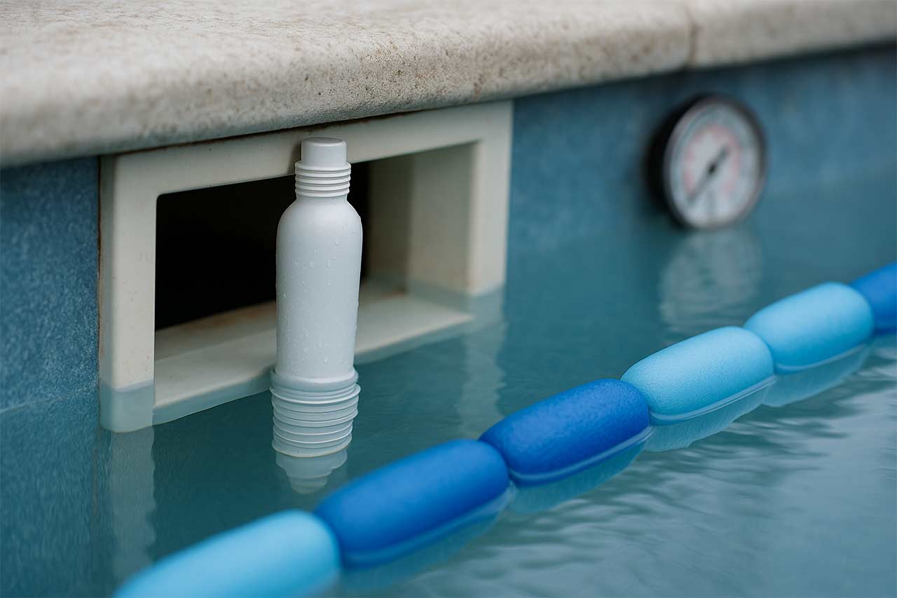 Gros plan esthétique sur un skimmer avec gizzmo et flotteurs alignés en diagonale dans une eau calme, manomètre de filtre flou en arrière-plan, lumière froide d’hiver