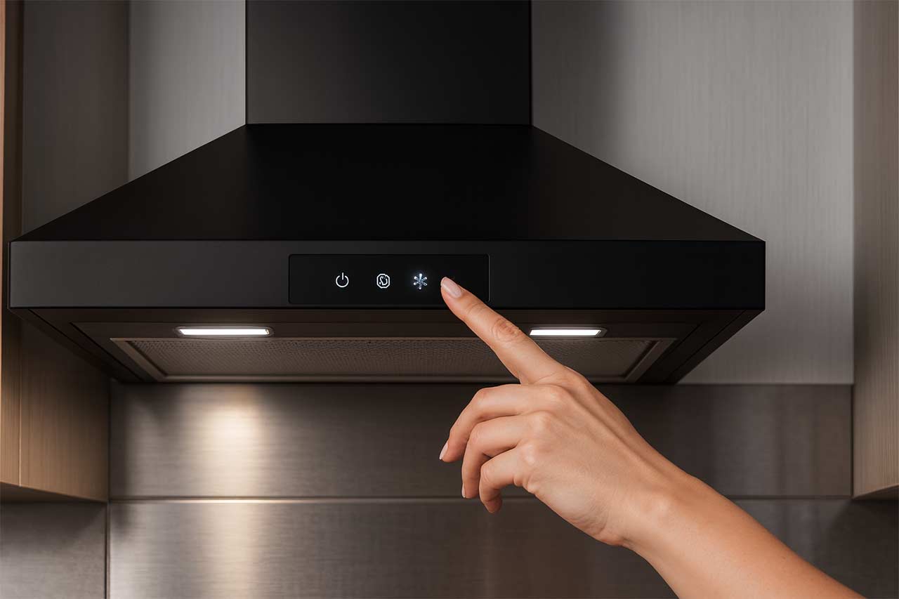 Main de femme appuyant sur le bouton lumineux d’une hotte de cuisine noire à commande tactile, en gros plan, dans une cuisine moderne.