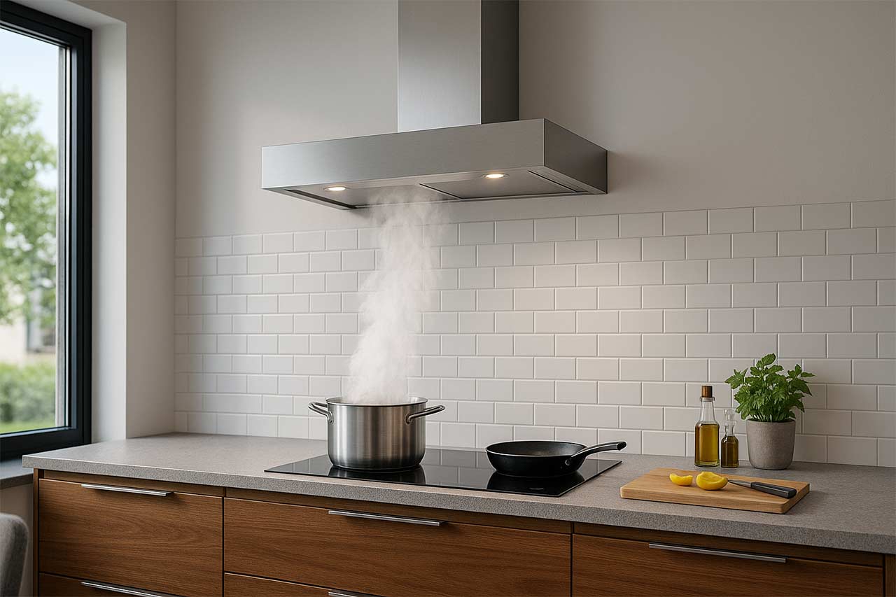 Vue d’une cuisine ouverte moderne en fonctionnement, hotte murale large au-dessus d’une plaque, vapeur captée, gaine courte vers l’extérieur