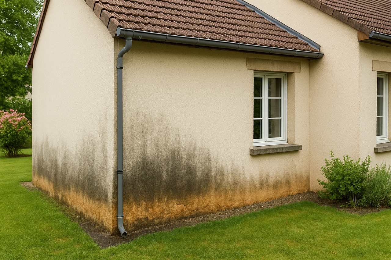 Façade de maison individuelle, lumière douce, zones humides visibles en bas de mur, gouttières et appuis de fenêtres détaillés