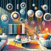 intérieur moderne avec une variété de radiateurs électriques à inertie, y compris des modèles sèches et fluides. Ces radiateurs devraient être stylisés de manière artistique, avec des formes et des couleurs vives pour distinguer les différents types.
