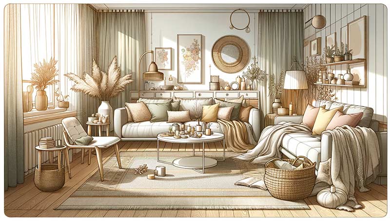 salon dans un style cocooning. L'ambiance est chaleureuse avec des couleurs pastel, du linge de lit blanc et de la vaisselle décorative. Les meubles et les textiles sont dans des tons de taupe, gris clair, beige et écru. Des touches de couleur vives comme le rose pâle, le jaune épicé ou le vert amande ajoutent du caractère