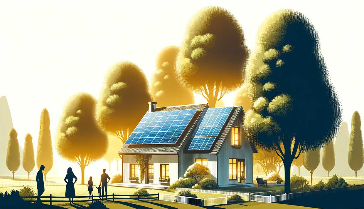 maison avec un toit ombragé par de grands arbres, illustrant le dilemme de l'efficacité des panneaux solaires dans un environnement peu ensoleillé