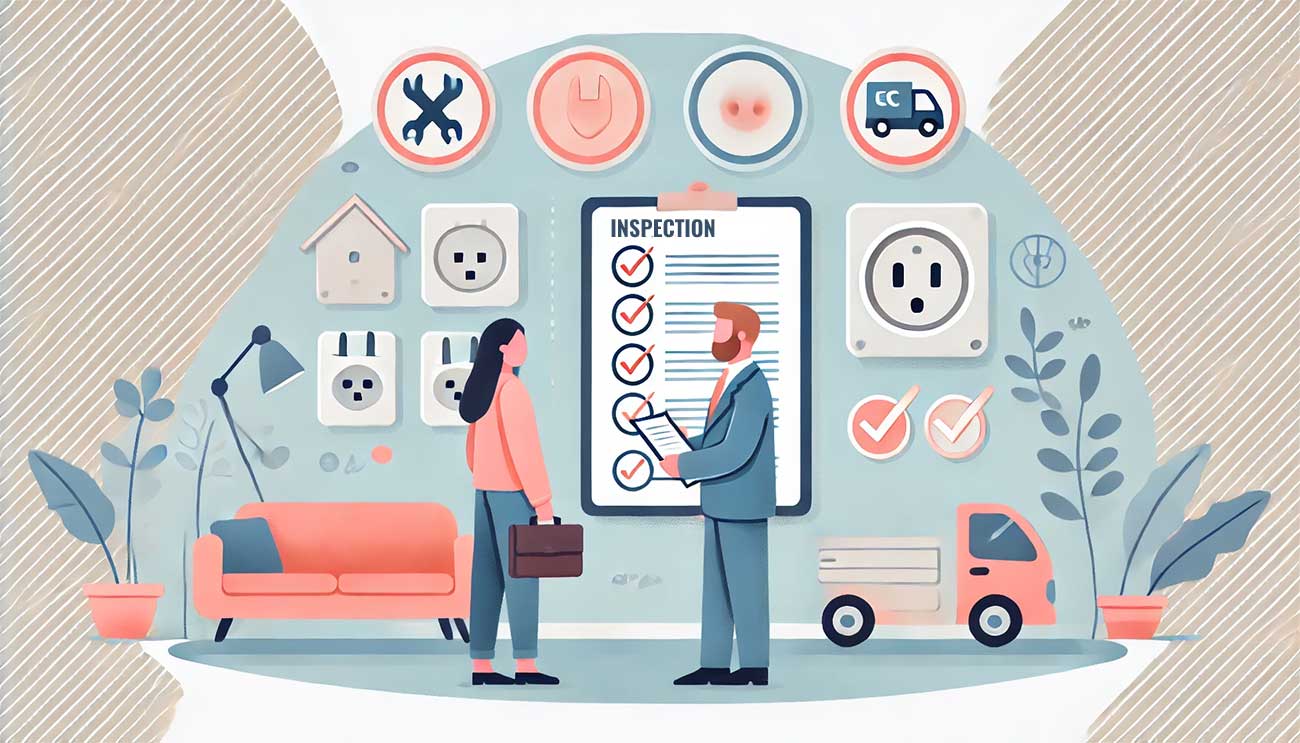 Scène représentant un diagnostiqueur électrique remettant un rapport d'inspection à un couple de nouveaux propriétaires. En arrière-plan, un tableau électrique et des symboles de conformité comme une attestation ou un certificat.