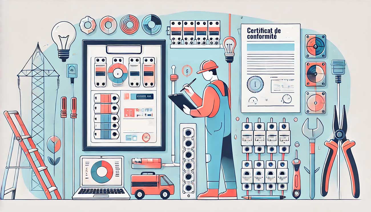 Composition montrant des éléments techniques d'une installation électrique : tableau électrique moderne, prises conformes avec mise à terre, certificat de conformité, et un électricien vérifiant un disjoncteur.
