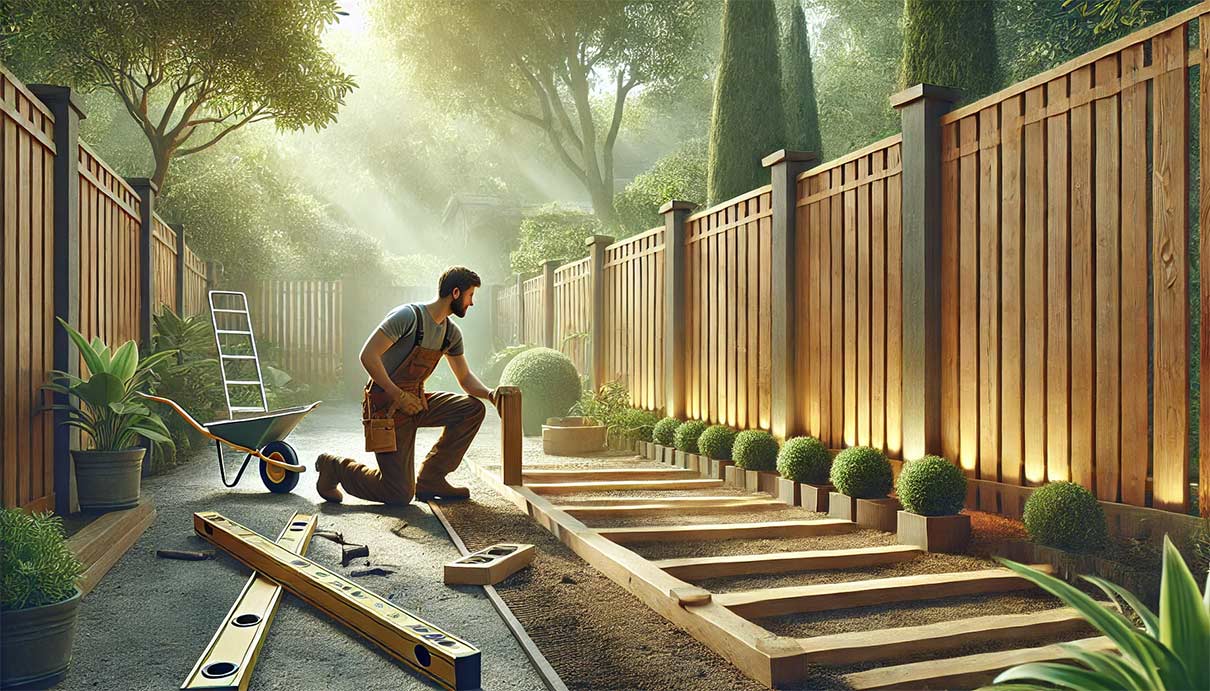 L'image montre un travailleur expérimenté posant soigneusement des poteaux en bois robustes dans un jardin moderne. À l'arrière-plan, des panneaux de clôture déjà installés sont visibles, parfaitement alignés. Le sol est bien nivelé et prêt pour l'installation. On aperçoit des outils comme un niveau à bulle et une pelle. La clôture en bois est élégante, offrant un bel équilibre entre fonctionnalité et design, avec des plantes et des arbres qui entourent l'espace extérieur