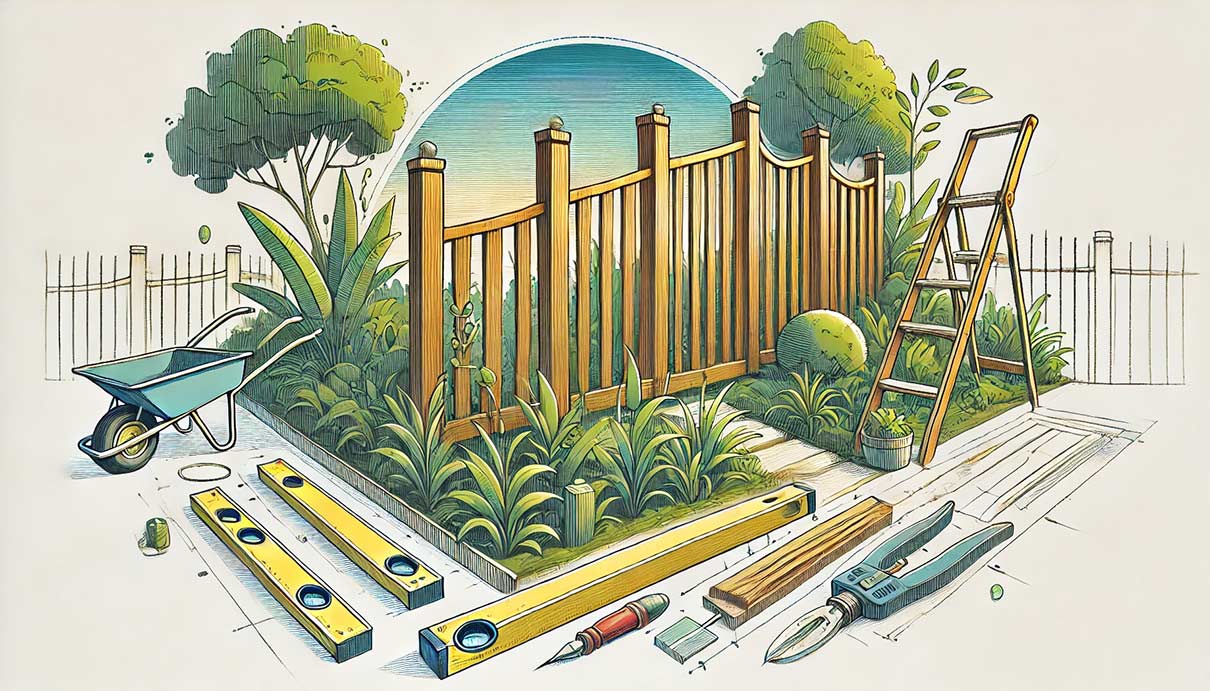 illustration graphique représentant la construction d'une clôture durable et esthétique. La scène montre un jardin stylisé avec des poteaux de clôture en bois soigneusement alignés. À l'arrière-plan, des panneaux de clôture modernes sont en place, entourés de verdure, de plantes et d'arbres stylisés. Des outils comme un niveau à bulle et une pelle sont disposés de manière artistique sur le sol, illustrant le travail en cours.