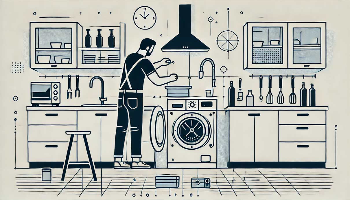 Illustration graphique minimaliste d'une personne installant un lave-vaisselle dans une cuisine moderne. La scène est simplifiée, montrant uniquement les formes de base : une silhouette stylisée d'un homme se concentrant sur l'installation du lave-vaisselle. Les éléments de la cuisine, tels que les meubles et le plan de travail, sont représentés par des formes géométriques simples et épurées.