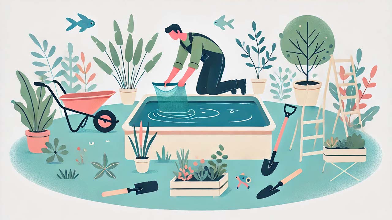 illustration montrant un bassin d'eau dans un jardin en cours d'installation. Un personnage stylisé creuse un trou et place une bâche de bassin. On aperçoit des plantes aquatiques prêtes à être disposées et des outils de jardinage autour
