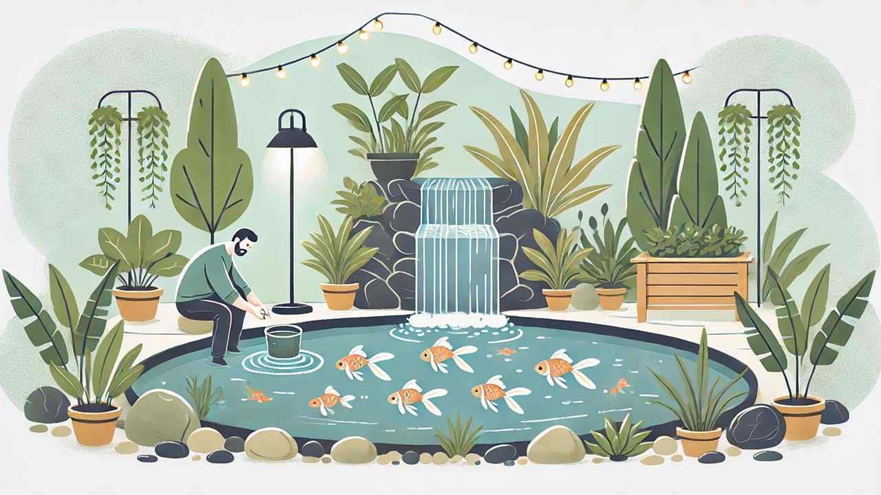 illustration en flat design montrant un bassin de jardin terminé avec des poissons, des plantes aquatiques et un éclairage doux autour. Un personnage stylisé nourrit les poissons tandis qu'un autre ajuste une lampe pour éclairer la cascade. Des pierres décoratives et un sentier en bois bordent le bassin.
