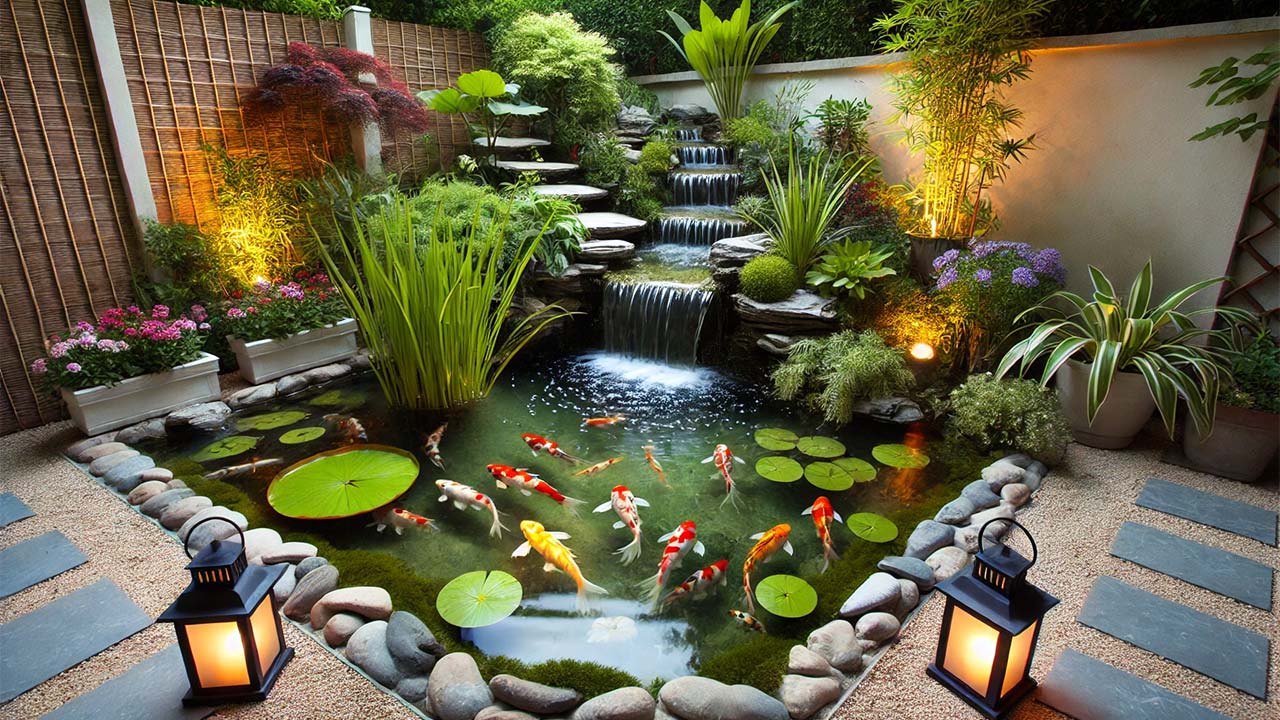 jardin avec un bassin aquatique entouré de plantes luxuriantes, des poissons colorés nageant dans l'eau claire, une petite cascade avec des pierres naturelles et un éclairage doux illuminant le bassin. Des nénuphars flottent sur l'eau et des lanternes décoratives sont placées autour pour une ambiance paisible et relaxante.