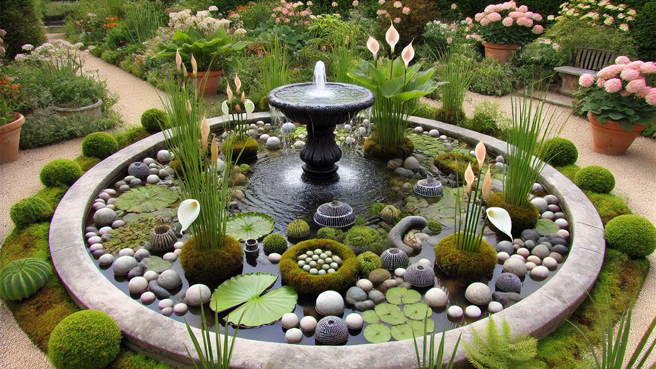 bassin de jardin avec une pompe et un système de filtration, entouré de galets lisses et de plantes aquatiques comme des jacinthes d’eau et des arums. Une fontaine élégante en pierre diffuse de l’eau dans un cadre paisible et verdoyant