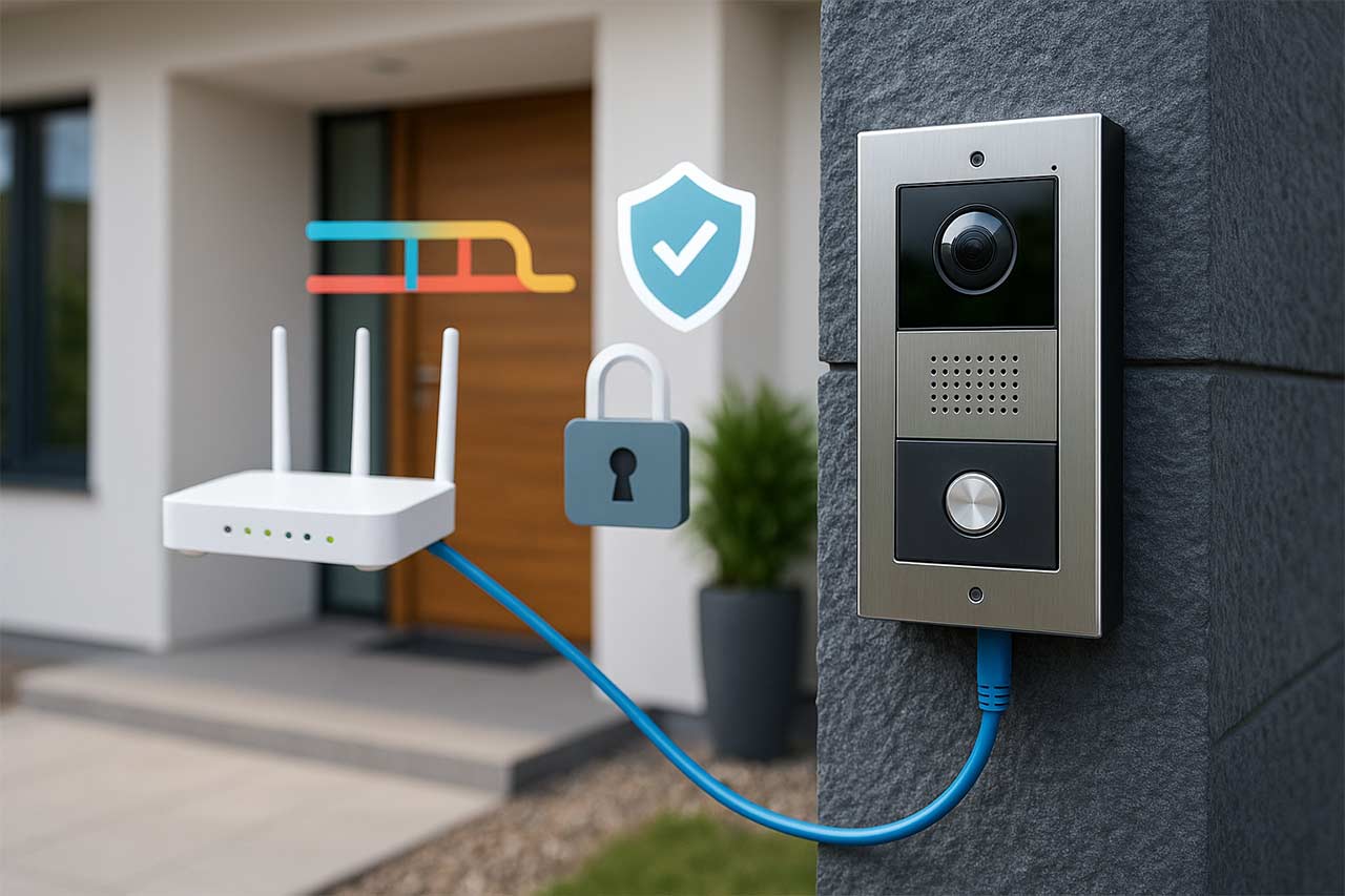  Entrée de maison avec visiophone IP et symboles de sécurité réseau (cadenas, VLAN) en décor flou.