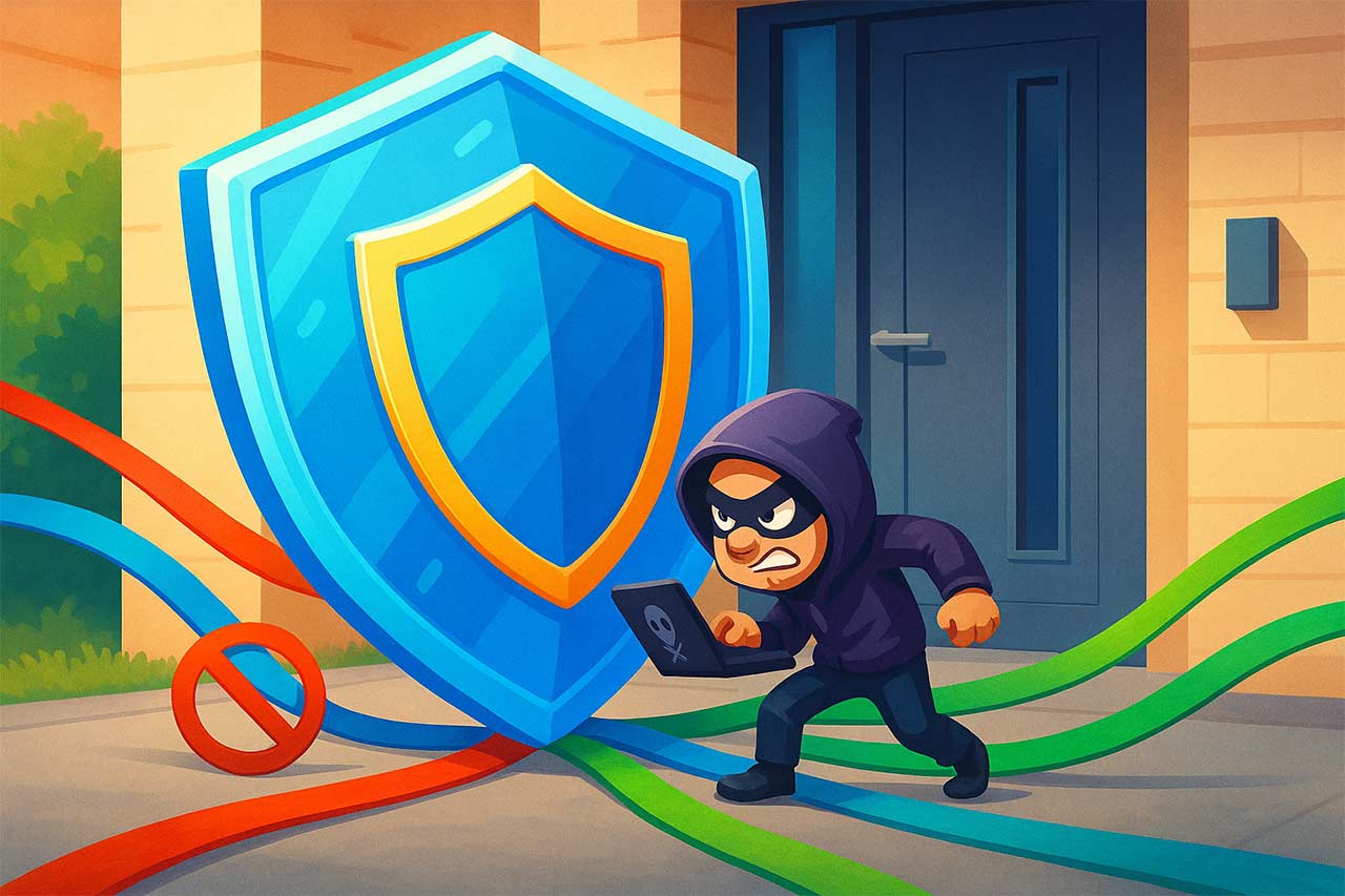  Illustration colorée, style semi-réaliste : pirate informatique miniaturisé bloqué par une porte d’entrée avec énorme bouclier réseau, VLAN comme rubans colorés séparant les chemins, UPnP barré,