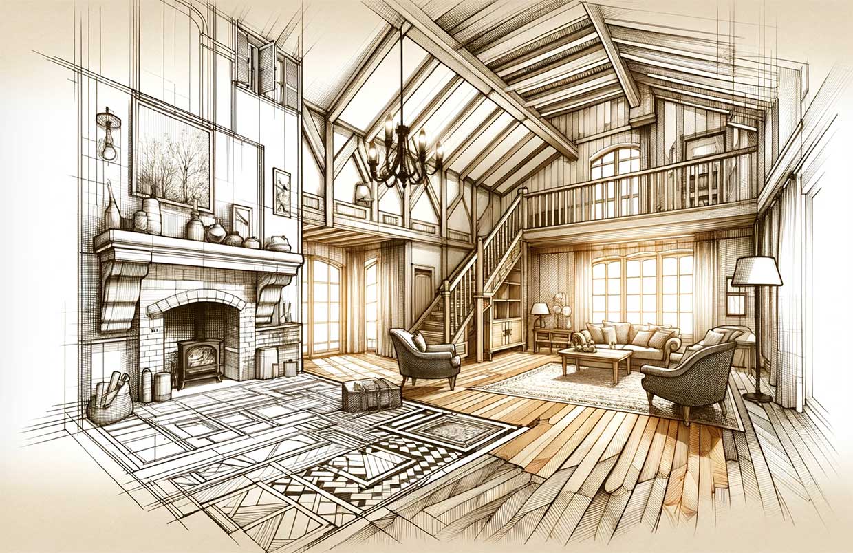 intérieur d'une maison meulière en cours de modernisation avec des éléments caractéristiques comme les parquets en chêne et les cheminées d'origine
