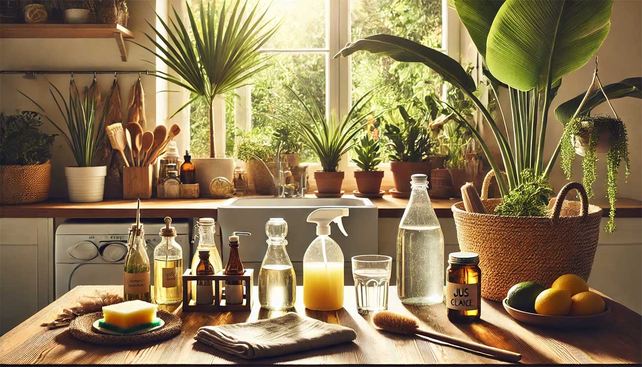 maison lumineuse et ordonnée avec une atmosphère chaleureuse. Sur la table, des produits de nettoyage naturels comme du vinaigre blanc, du jus de citron, et des bouteilles en verre réutilisables. En arrière-plan, des plantes d'intérieur comme un palmier Areca et un lis de la paix améliorent la qualité de l'air. Un seau en plastique écologique rempli d'eau claire est posé au sol, avec une serpillère en fibres naturelles.